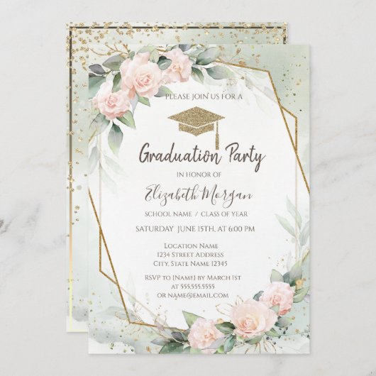 グレードキャップピンクローゼフレーム卒業 招待状 (正面/裏面)