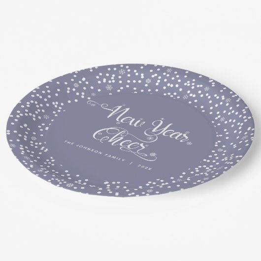 グレーニューイヤー応援ホワイトスノーフレークススクリプトカスタム ペーパープレート (アングル)
