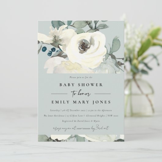 グレーニュートラルアイボリーホワイトフローラバンチ赤ちゃんシャワー 招待状 (スタンド正面)