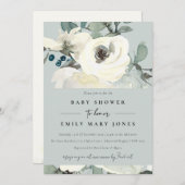 グレーニュートラルアイボリーホワイトフローラバンチ赤ちゃんシャワー 招待状 (正面/裏面)