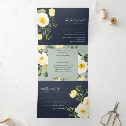 グレーネイビーイエロー牡丹フローラ水色結婚の 三つ折り招待状 (内部)