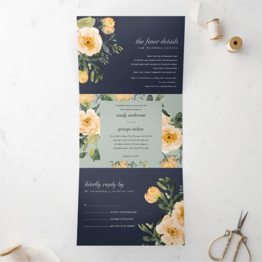 グレーネイビーピーチ牡丹フローラ水の色結婚の 三つ折り招待状 (内部)