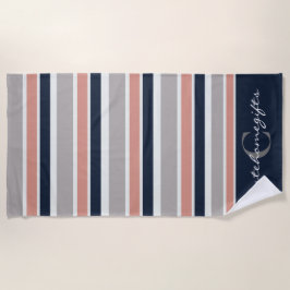 グレーネイビーブルーピンク沿岸ストライプのモノグラム ビーチタオル