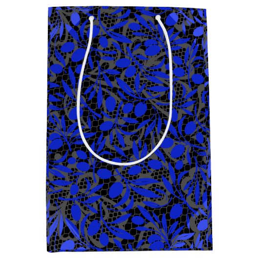 グレーネット上の青いフルーツの枝。2tonesx4 Black BG ミディアムペーパーバッグ (正面)