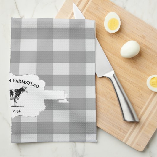 グレーバッファロープレイドファームカウキッチンタオル キッチンタオル (四つ折り)