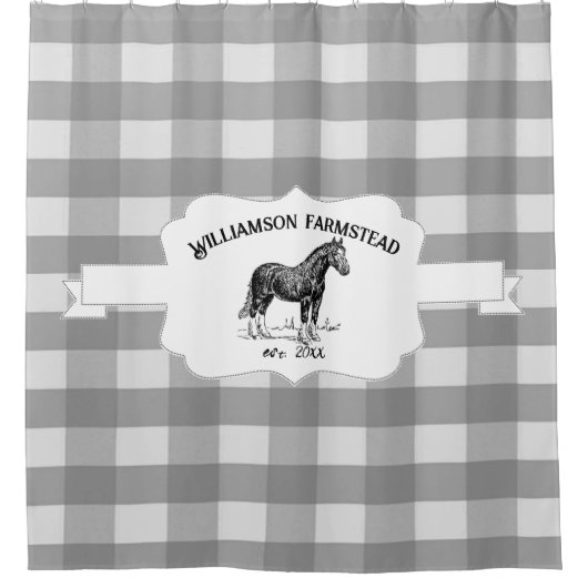 グレーバッファロープレイドファームホースシャワーカーテン シャワーカーテン (正面)