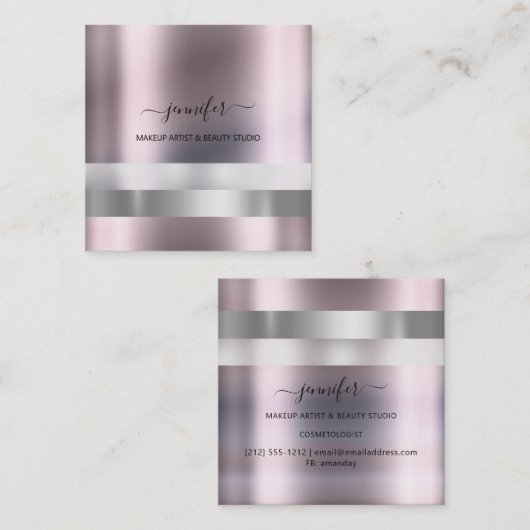 グレーバラメイクアップアーティストインフルエンサーストライプのモダン スクエア名刺 (正面/裏面)