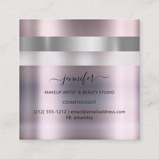 グレーバラメイクアップアーティストインフルエンサーストライプのモダン スクエア名刺 (裏面)