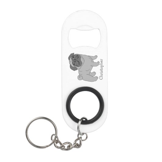 グレーパグ犬のデザインパーソナライズされた キーホルダー栓抜き (正面)