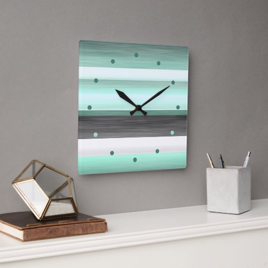 グレーパステルミントグリーンブラックウォーターストライプカラー スクエア壁時計 (オフィス)