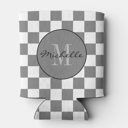 グレーパーソナライズされたと白のチェッカーボードパターン 缶クーラー (裏面)