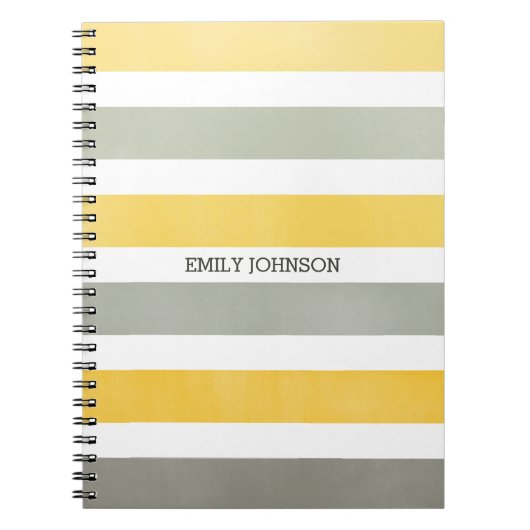 グレーパーソナライズされたと黄色の幅のストライプパターン ノートブック (正面)