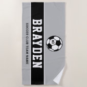 グレーパーソナライズされたと黒のサッカー選手の名前 ビーチタオル (正面)