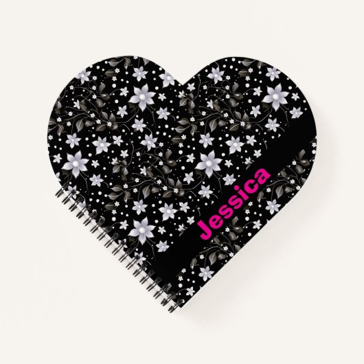 グレーパーソナライズされたと黒の花柄 ノートブック (正面)