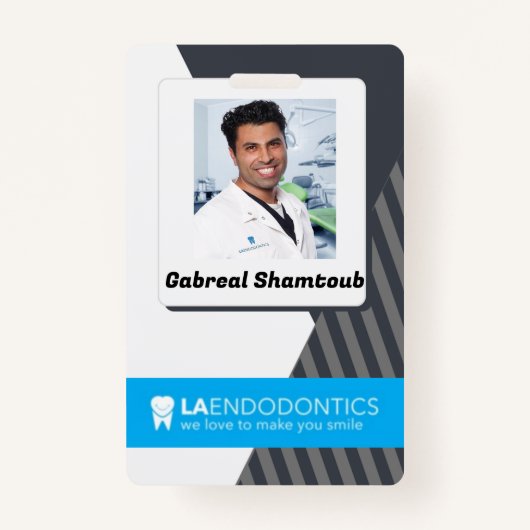 グレーパーソナライズされたのストライプの従業員写真ID バッジ (正面)