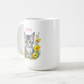 グレーパーソナライズされたの子猫と花の水色 コーヒーマグカップ (正面左)