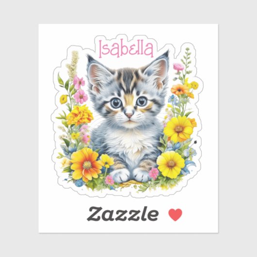 グレーパーソナライズされたの子猫と花の水色 シール (シート)