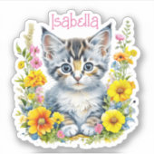 グレーパーソナライズされたの子猫と花の水色 シール (正面)