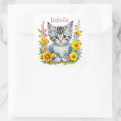 グレーパーソナライズされたの子猫と花の水色 スクエアシール (バッグ)