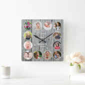 グレーパーソナライズされたウッド12ファミリーフォトコラージュ スクエア壁時計 (ホーム)