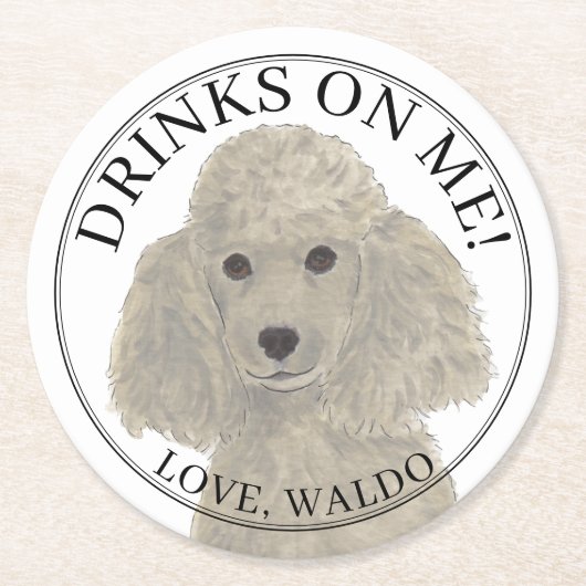 グレーパーソナライズされたシルバープードル結婚ドッグ ラウンドペーパーコースター (正面)