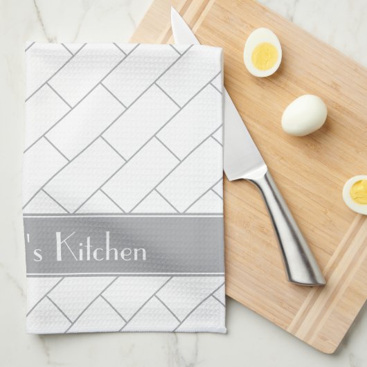 グレーパーソナライズされたホワイトサブウェイタイルレンガ キッチンタオル (四つ折り)
