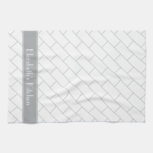 グレーパーソナライズされたホワイトサブウェイタイルレンガ キッチンタオル (横)