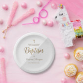 グレーパーソナライズされた金ゴールド交差ベビー洗礼 ペーパープレート (パーティー)