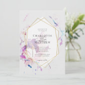 グレーパープルウォーターカラーフラワーゴールドフレームウェディング 招待状 (スタンド正面)