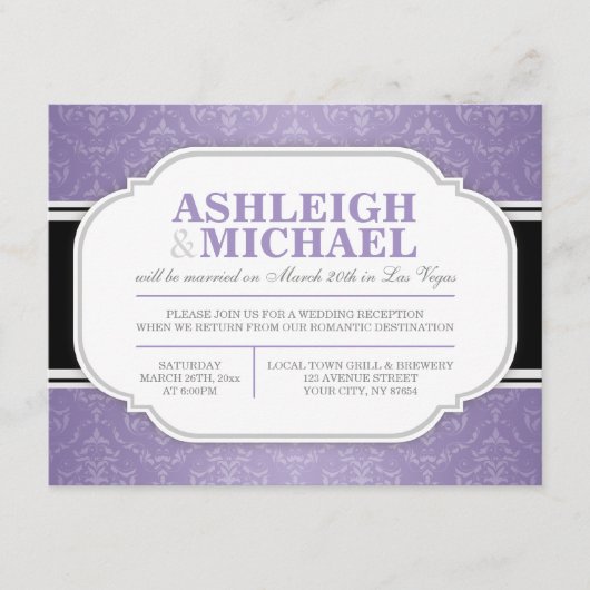 グレーパープルダマスク結婚式の披露宴のみのご案内 出欠カード (正面)
