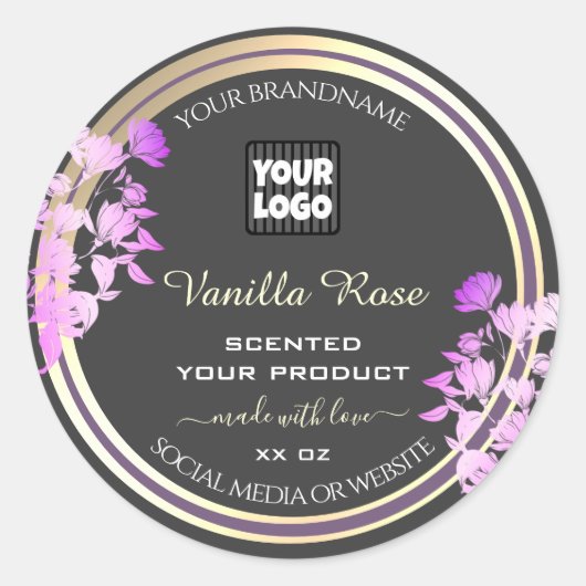 グレーパープル金ゴールド製品ラベルカスタムロゴフローラ ラウンドシール (正面)