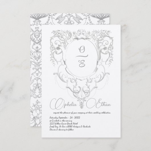 グレービクトリアンモノグラム結婚クレスト 招待状 (正面/裏面)