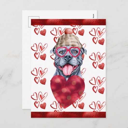 グレーピットブルハートドッグラバーバレンタインギフト シーズンポストカード (正面/裏面)