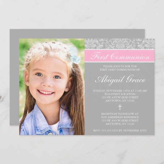 グレーピンクのダマスクの女の子の写真ファースト・コミュニオン 招待状 (正面/裏面)