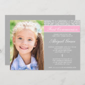 グレーピンクのダマスクの少女の写真　ファーストコミュニオン 招待状 (正面/裏面)