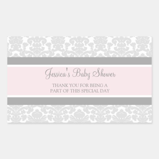 グレーピンクのダマスク赤ちゃんシャワー好意ステッカー 長方形シール (正面)