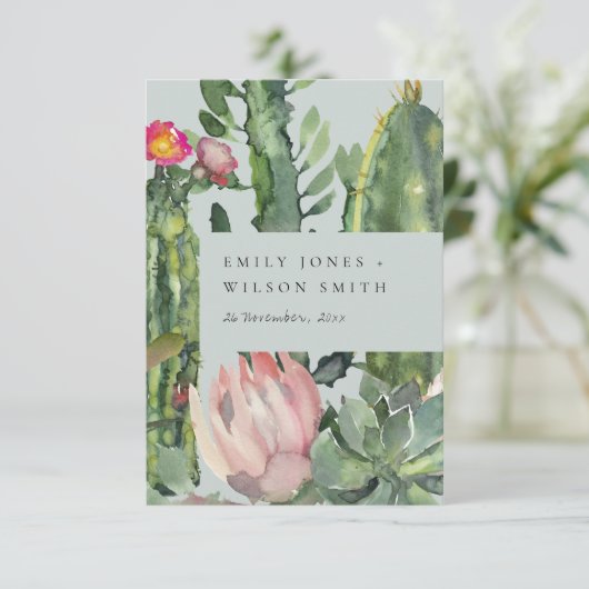 グレーピンクのフローラ砂漠のサボテン結婚の葉 招待状 (スタンド正面)