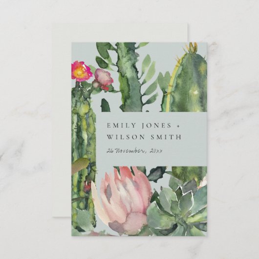 グレーピンクのフローラ砂漠のサボテン結婚の葉 招待状 (正面/裏面)