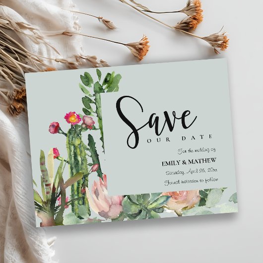 グレーピンクのフローラ砂漠のCACTI動物の日付を保存 案内ポストカード