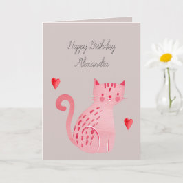 グレーピンクの猫のハートの誕生日 カード