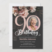 グレーピンクの緑のフローラ写真90th誕生日パーティー 招待状 (正面)