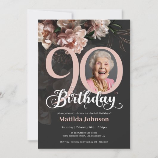 グレーピンクの緑のフローラ写真90th誕生日パーティー 招待状 (正面)
