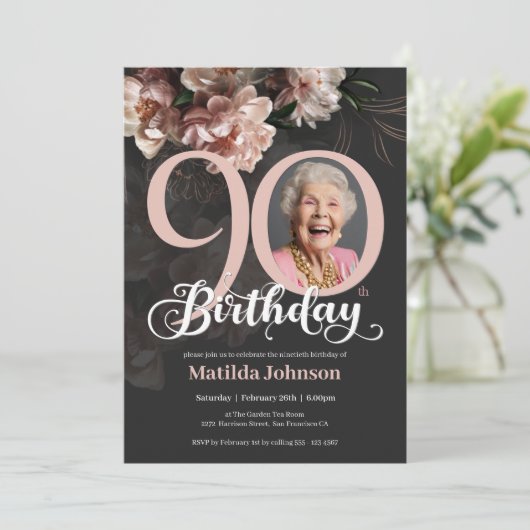 グレーピンクの緑のフローラ写真90th誕生日パーティー 招待状 (スタンド正面)