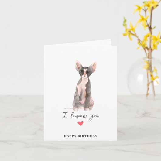 グレーピンクスフィンクス猫ハートパピーペット誕生日 カード (黄色い花)