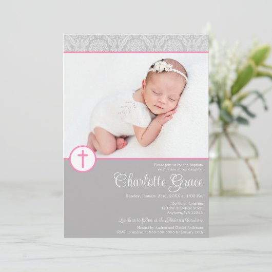 グレーピンクダマスククロスガール写真バプテスマ 招待状 (スタンド正面)