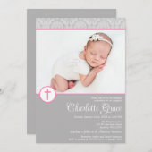 グレーピンクダマスククロスガール写真バプテスマ 招待状 (正面/裏面)