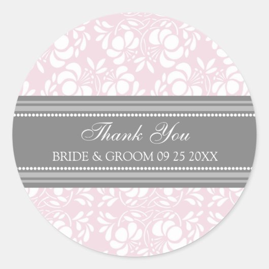 グレーピンクダマスクサンキューユー結婚式の引き出物ラベル ラウンドシール (正面)