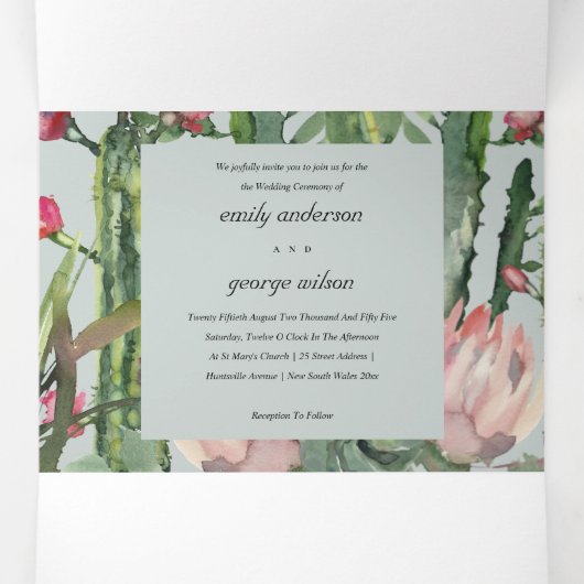 グレーピンクフローラサボテンの葉の水色結婚の 三つ折り招待状 (内部中)