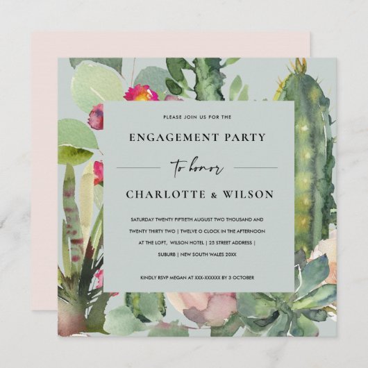 グレーピンクフローラデザートカッティ動物相婚約 招待状 (正面/裏面)