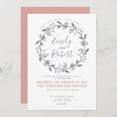 グレーピンクフローラリースモダン結婚式招待状 招待状 (正面/裏面)